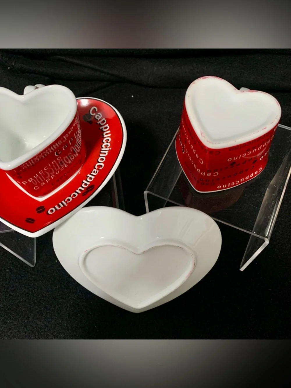 🔍(2) HEART-SHAPED CAPPUCCINO CUP & SAUCER SETS — RED & WHITE